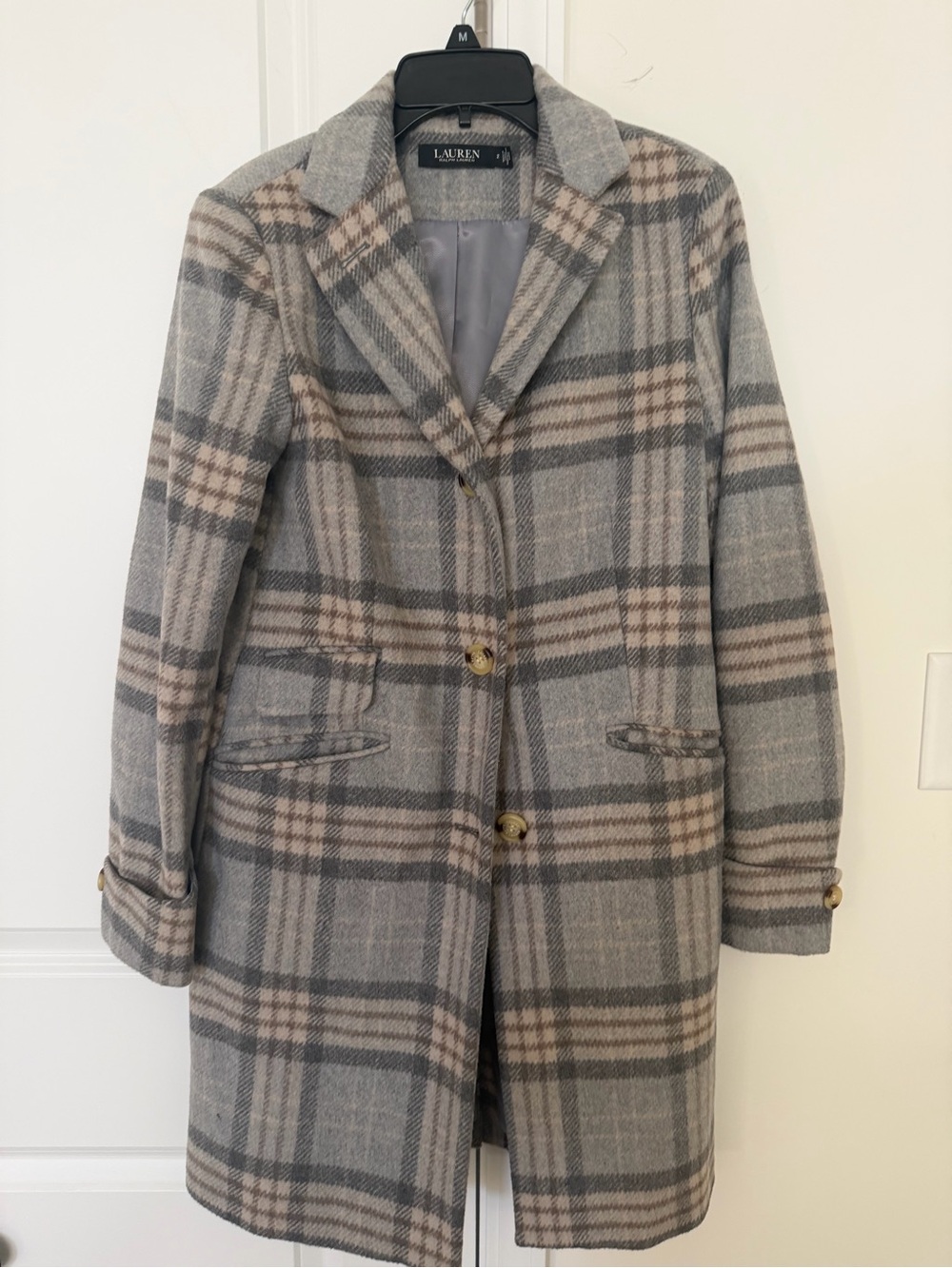 Ralph Lauren Gray & Beige Plaid Wool-Blend Pea Coat